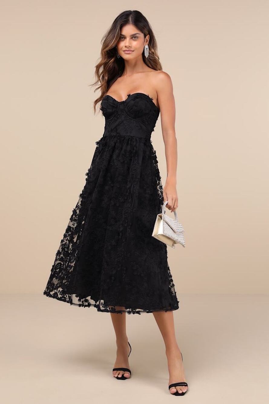 NWT Lulus Quite Perfect Black Floral Embroidered Strapless Midi Dress Gala Sz L